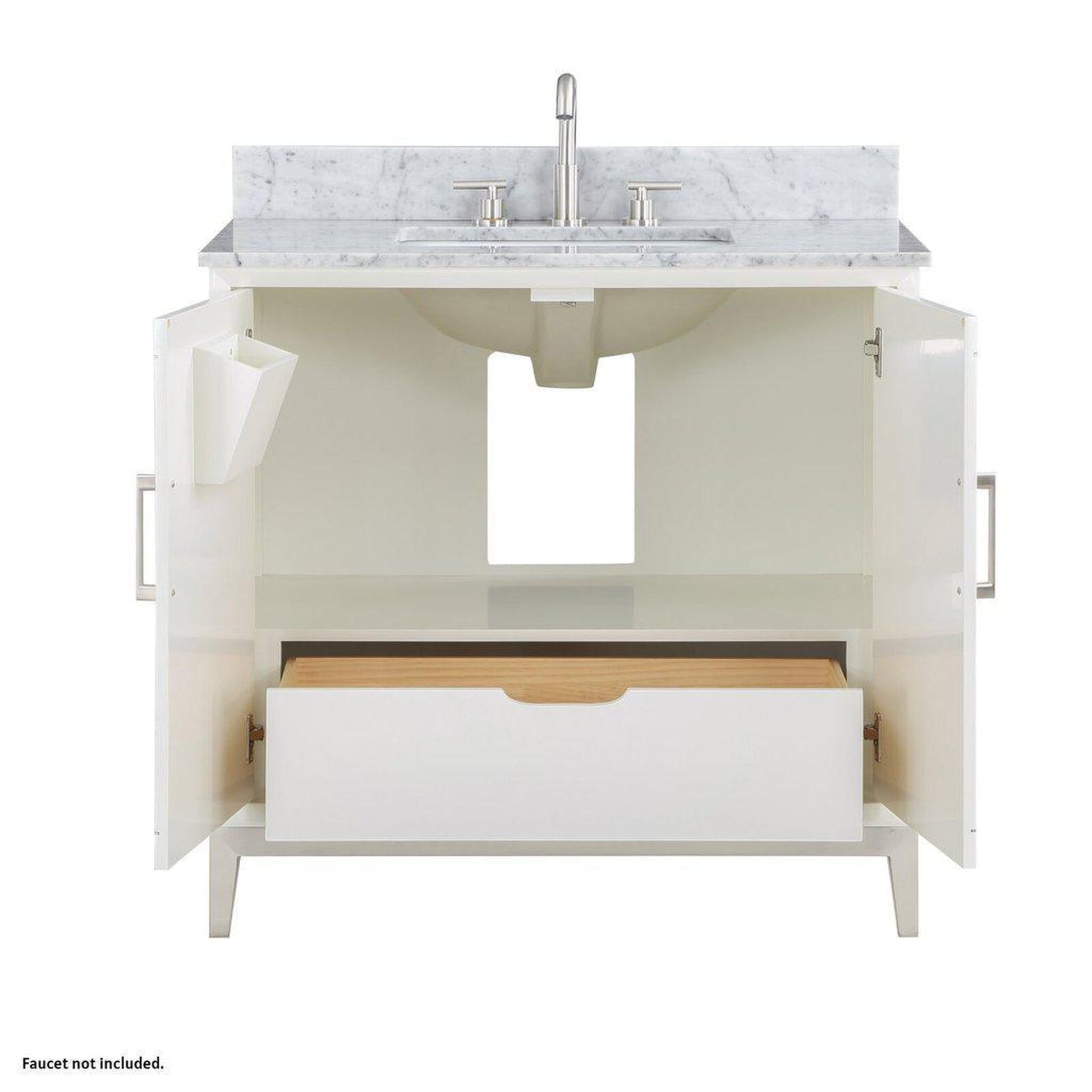 Bemma Design Gracie 36" Satin White Solid Wood Freestanding Bathroom Vanity With Single 3-Hole Italian Carra Marble Vanity Top, Rectangle Undermount Sink, Backsplash and Brushed Nickel Trim