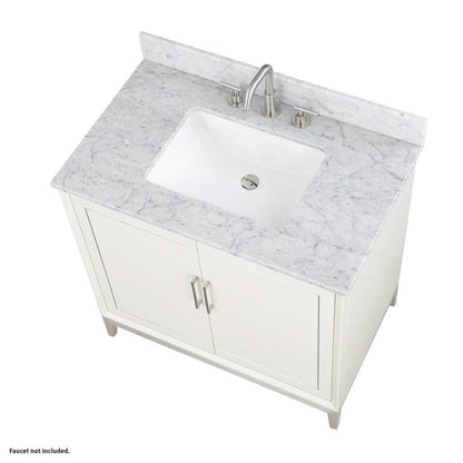 Bemma Design Gracie 36" Satin White Solid Wood Freestanding Bathroom Vanity With Single 3-Hole Italian Carra Marble Vanity Top, Rectangle Undermount Sink, Backsplash and Brushed Nickel Trim