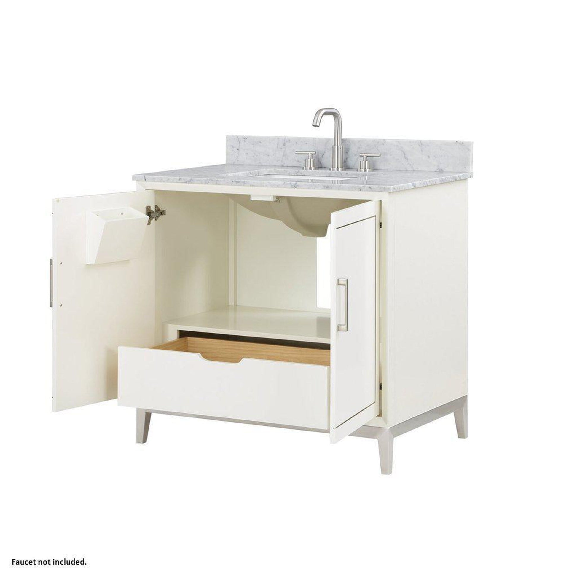 Bemma Design Gracie 36" Satin White Solid Wood Freestanding Bathroom Vanity With Single 3-Hole Italian Carra Marble Vanity Top, Rectangle Undermount Sink, Backsplash and Brushed Nickel Trim