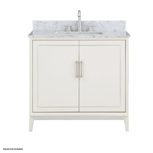 Bemma Design Gracie 36" Satin White Solid Wood Freestanding Bathroom Vanity With Single 3-Hole Italian Carra Marble Vanity Top, Rectangle Undermount Sink, Backsplash and Brushed Nickel Trim