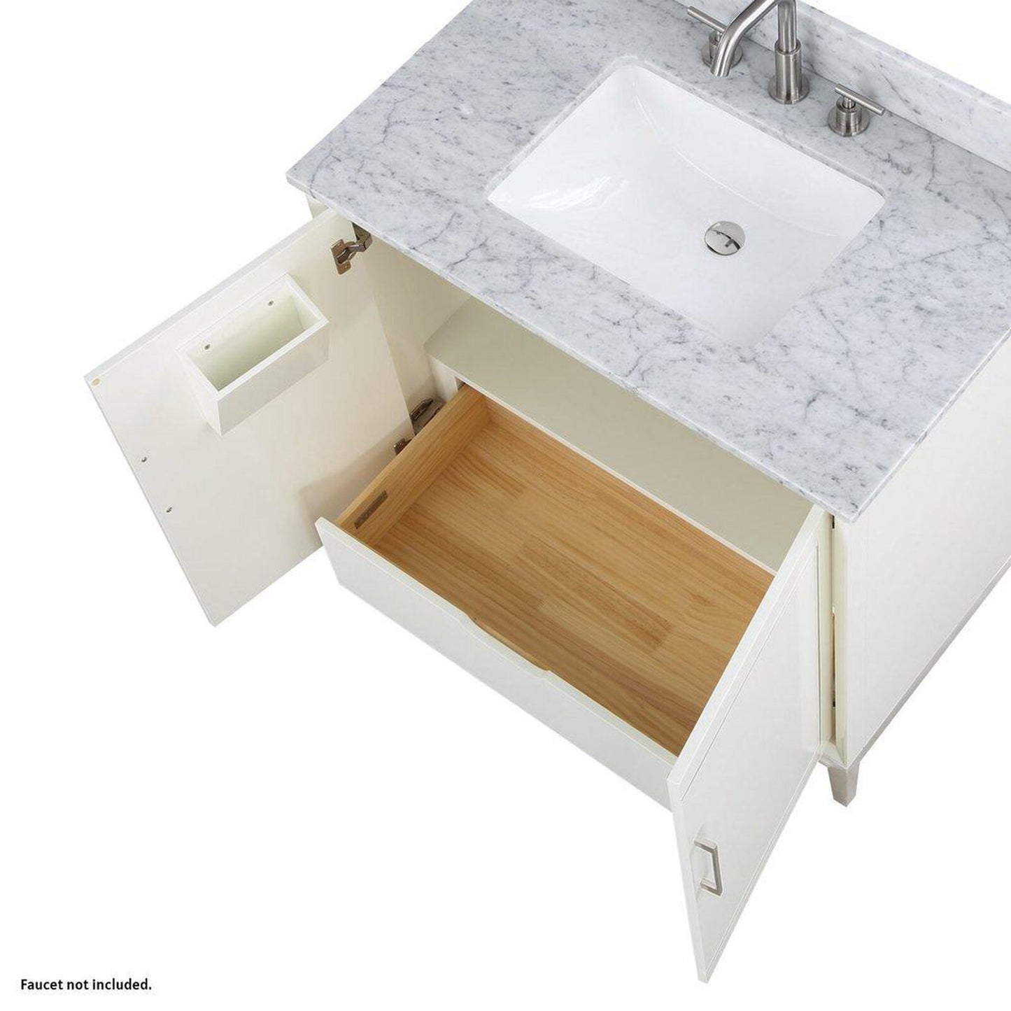 Bemma Design Gracie 36" Satin White Solid Wood Freestanding Bathroom Vanity With Single 3-Hole Italian Carra Marble Vanity Top, Rectangle Undermount Sink, Backsplash and Brushed Nickel Trim