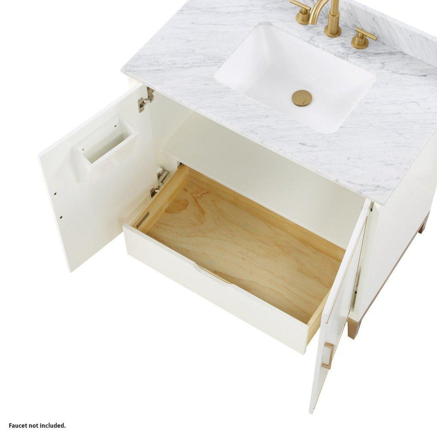 Bemma Design Gracie 36" Satin White Solid Wood Freestanding Bathroom Vanity With Single 3-Hole Italian Carra Marble Vanity Top, Rectangle Undermount Sink, Backsplash and Satin Brass Trim