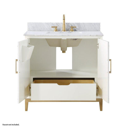 Bemma Design Gracie 36" Satin White Solid Wood Freestanding Bathroom Vanity With Single 3-Hole Italian Carra Marble Vanity Top, Rectangle Undermount Sink, Backsplash and Satin Brass Trim