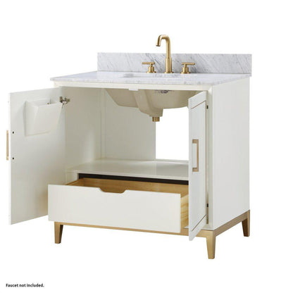 Bemma Design Gracie 36" Satin White Solid Wood Freestanding Bathroom Vanity With Single 3-Hole Italian Carra Marble Vanity Top, Rectangle Undermount Sink, Backsplash and Satin Brass Trim