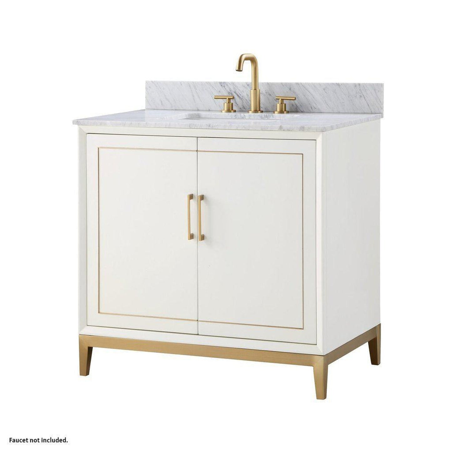 Bemma Design Gracie 36" Satin White Solid Wood Freestanding Bathroom Vanity With Single 3-Hole Italian Carra Marble Vanity Top, Rectangle Undermount Sink, Backsplash and Satin Brass Trim