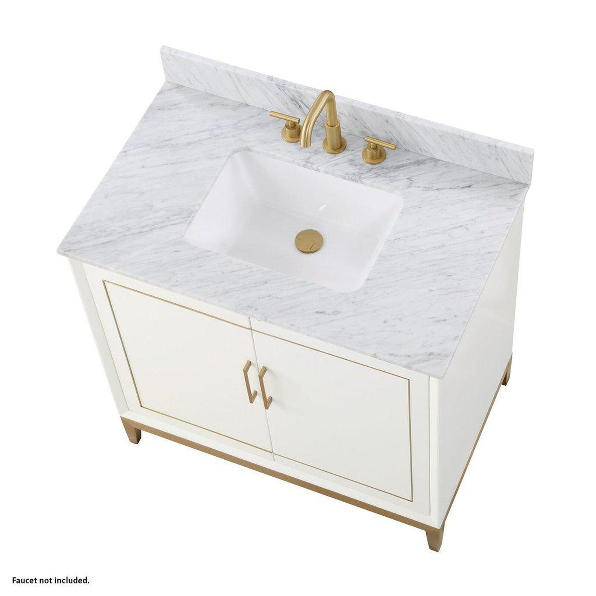 Bemma Design Gracie 36" Satin White Solid Wood Freestanding Bathroom Vanity With Single 3-Hole Italian Carra Marble Vanity Top, Rectangle Undermount Sink, Backsplash and Satin Brass Trim