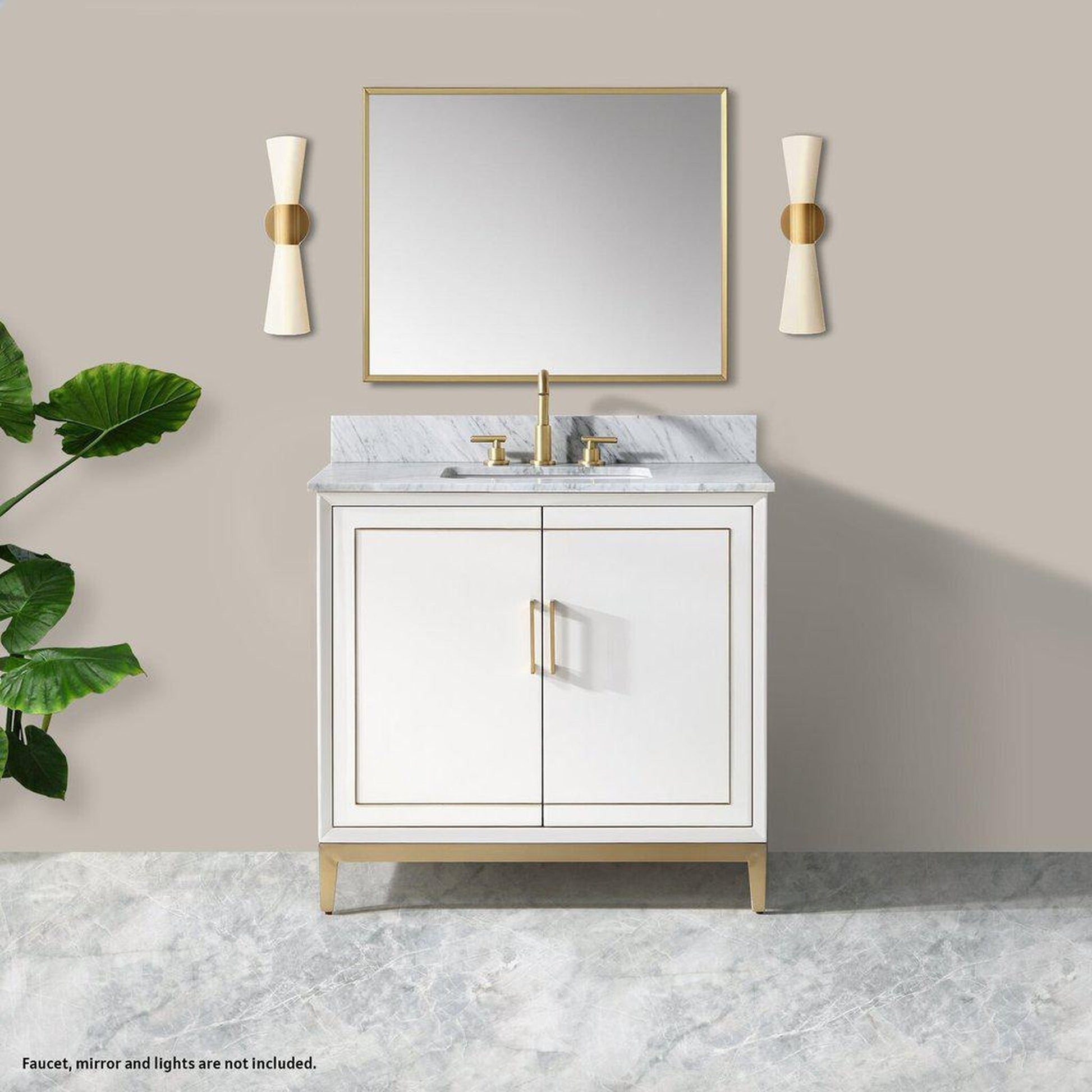 Bemma Design Gracie 36" Satin White Solid Wood Freestanding Bathroom Vanity With Single 3-Hole Italian Carra Marble Vanity Top, Rectangle Undermount Sink, Backsplash and Satin Brass Trim