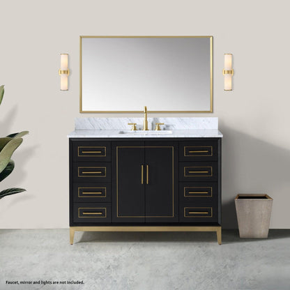 Bemma Design Gracie 48" Midnight Black Solid Wood Freestanding Bathroom Vanity With Single 3-Hole Italian Carra Marble Vanity Top, Rectangle Undermount Sink, Backsplash and Satin Brass Trim