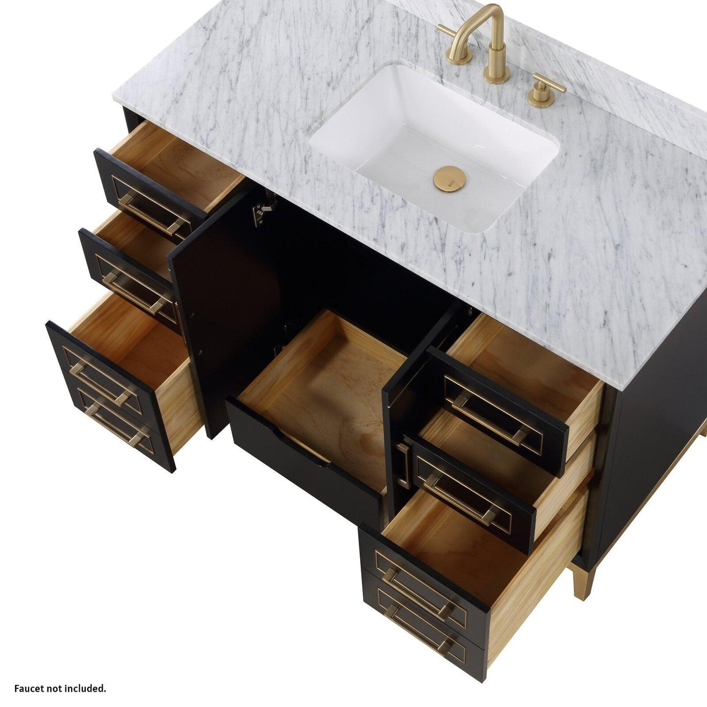 Bemma Design Gracie 48" Midnight Black Solid Wood Freestanding Bathroom Vanity With Single 3-Hole Italian Carra Marble Vanity Top, Rectangle Undermount Sink, Backsplash and Satin Brass Trim