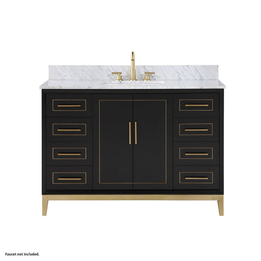 Bemma Design Gracie 48" Midnight Black Solid Wood Freestanding Bathroom Vanity With Single 3-Hole Italian Carra Marble Vanity Top, Rectangle Undermount Sink, Backsplash and Satin Brass Trim