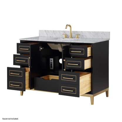 Bemma Design Gracie 48" Midnight Black Solid Wood Freestanding Bathroom Vanity With Single 3-Hole Italian Carra Marble Vanity Top, Rectangle Undermount Sink, Backsplash and Satin Brass Trim