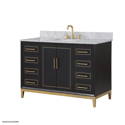 Bemma Design Gracie 48" Midnight Black Solid Wood Freestanding Bathroom Vanity With Single 3-Hole Italian Carra Marble Vanity Top, Rectangle Undermount Sink, Backsplash and Satin Brass Trim