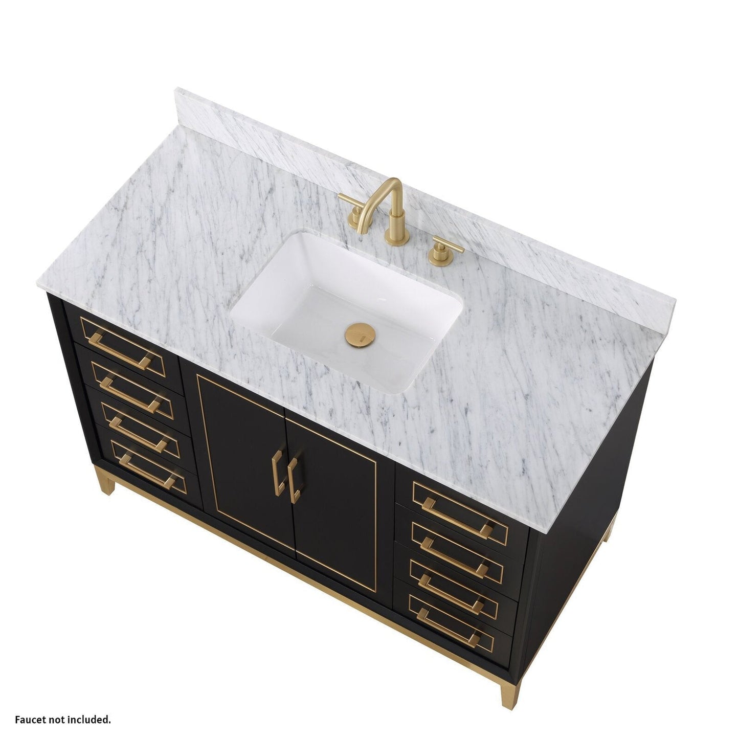 Bemma Design Gracie 48" Midnight Black Solid Wood Freestanding Bathroom Vanity With Single 3-Hole Italian Carra Marble Vanity Top, Rectangle Undermount Sink, Backsplash and Satin Brass Trim