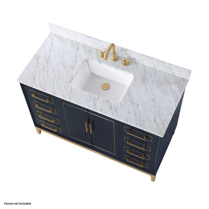 Bemma Design Gracie 48" Pacific Blue Solid Wood Freestanding Bathroom Vanity With Single 3-Hole Italian Carra Marble Vanity Top, Rectangle Undermount Sink, Backsplash and Satin Brass Trim