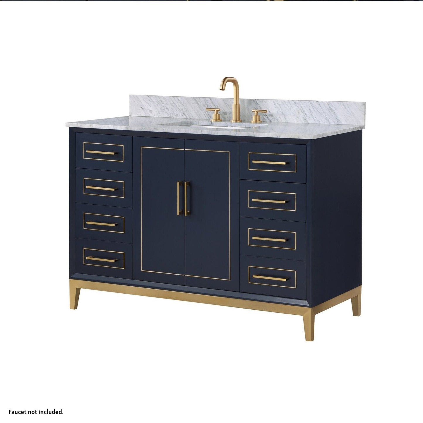 Bemma Design Gracie 48" Pacific Blue Solid Wood Freestanding Bathroom Vanity With Single 3-Hole Italian Carra Marble Vanity Top, Rectangle Undermount Sink, Backsplash and Satin Brass Trim