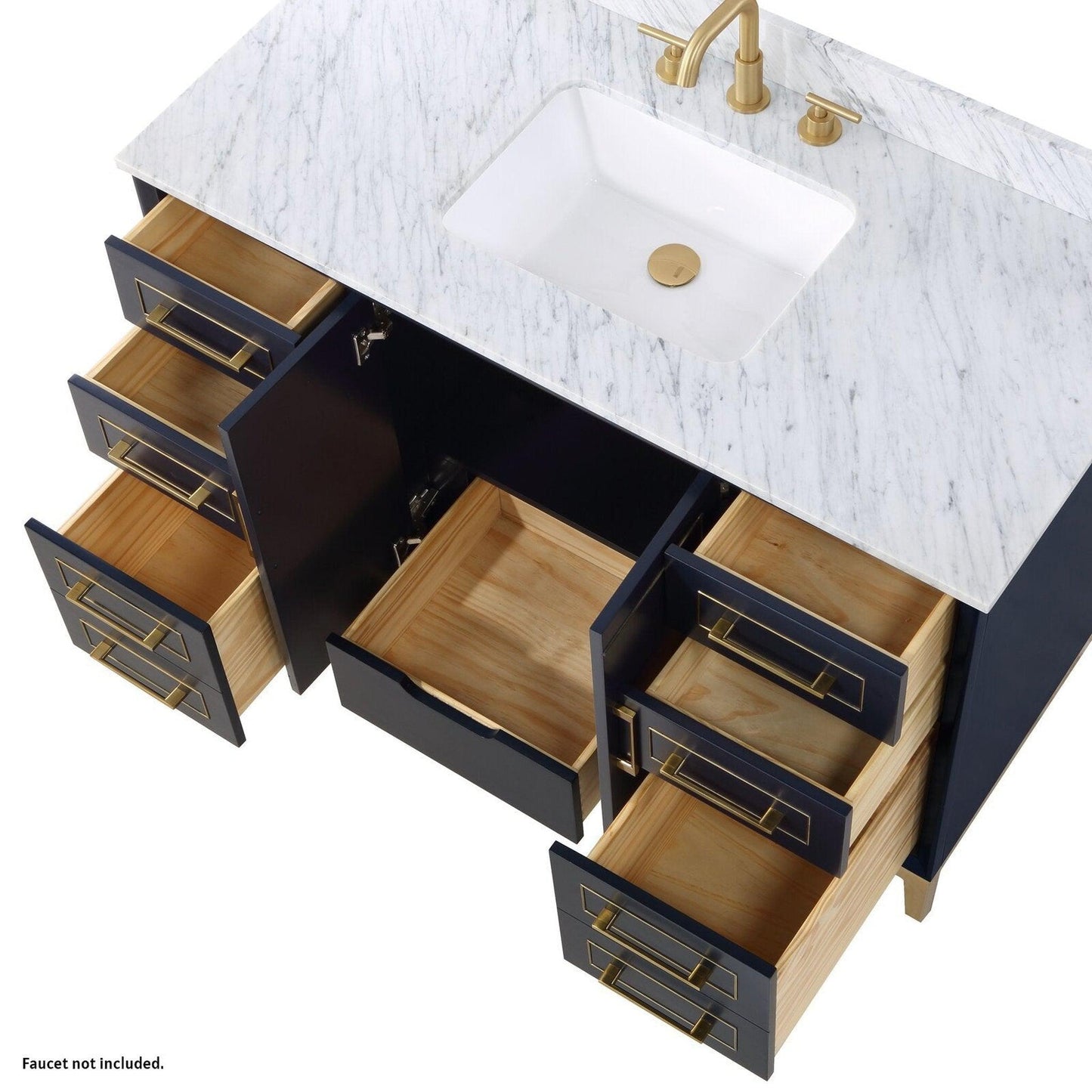 Bemma Design Gracie 48" Pacific Blue Solid Wood Freestanding Bathroom Vanity With Single 3-Hole Italian Carra Marble Vanity Top, Rectangle Undermount Sink, Backsplash and Satin Brass Trim