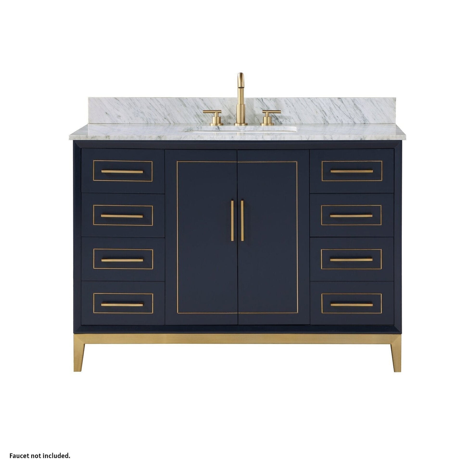 Bemma Design Gracie 48" Pacific Blue Solid Wood Freestanding Bathroom Vanity With Single 3-Hole Italian Carra Marble Vanity Top, Rectangle Undermount Sink, Backsplash and Satin Brass Trim