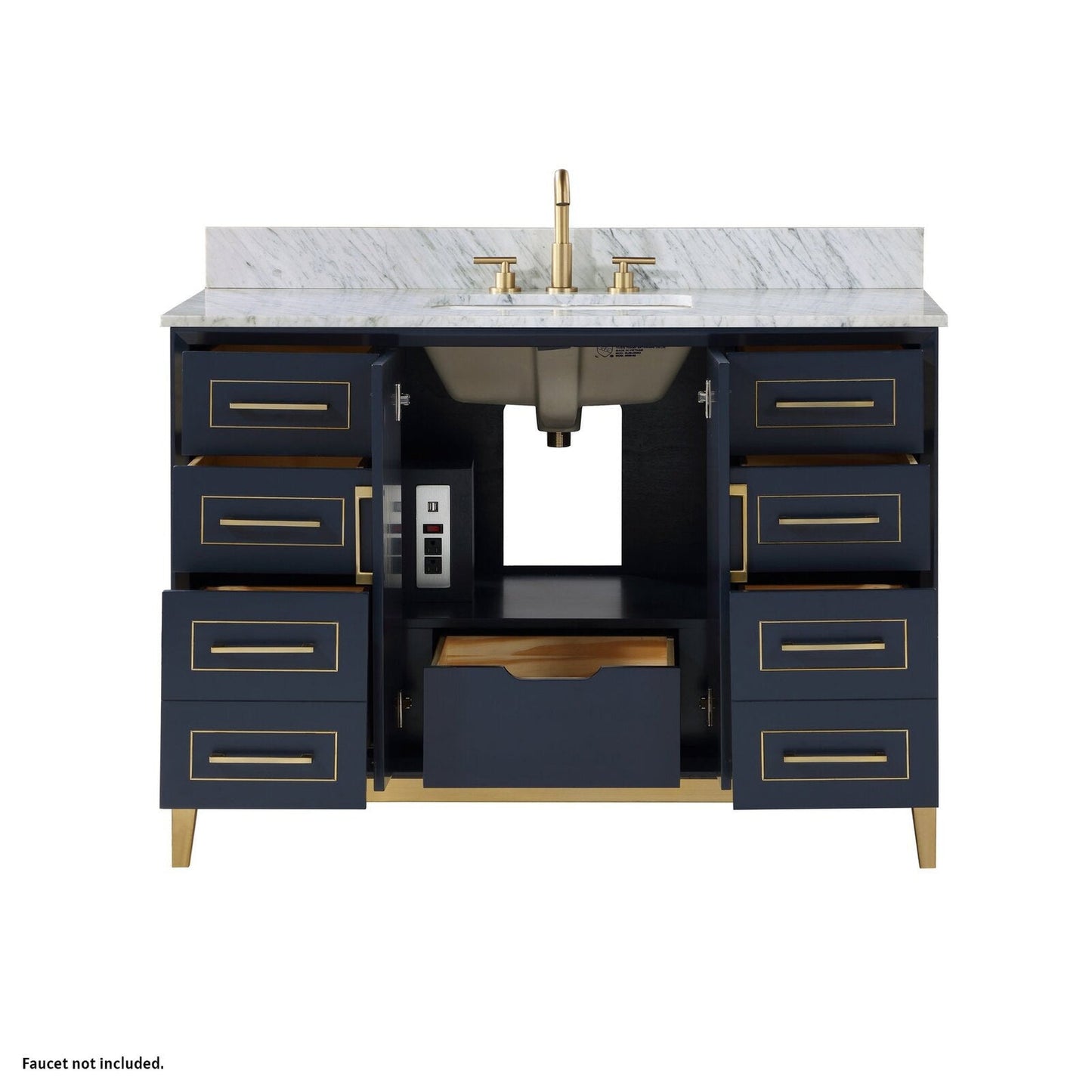 Bemma Design Gracie 48" Pacific Blue Solid Wood Freestanding Bathroom Vanity With Single 3-Hole Italian Carra Marble Vanity Top, Rectangle Undermount Sink, Backsplash and Satin Brass Trim