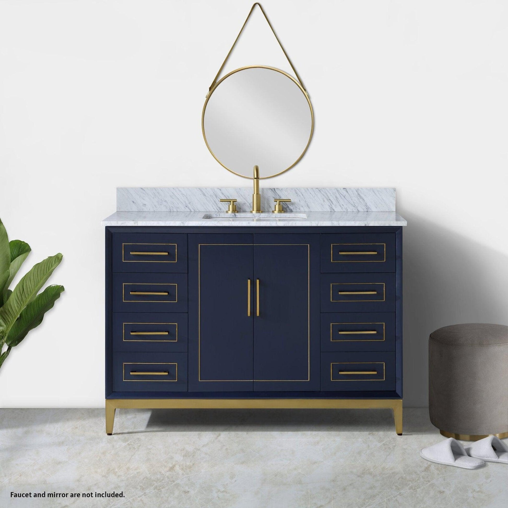 Bemma Design Gracie 48" Pacific Blue Solid Wood Freestanding Bathroom Vanity With Single 3-Hole Italian Carra Marble Vanity Top, Rectangle Undermount Sink, Backsplash and Satin Brass Trim