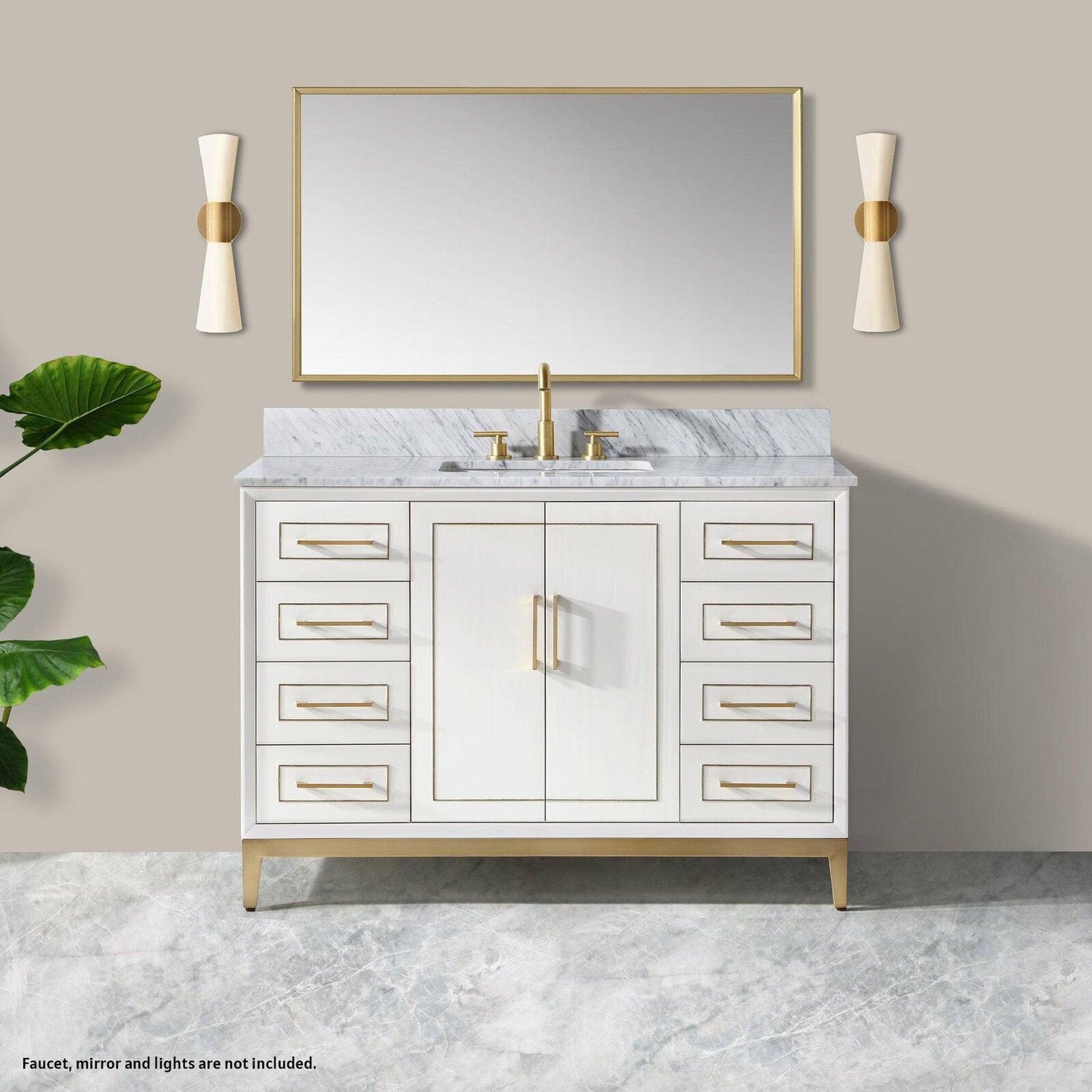 Bemma Design Gracie 48" Satin White Solid Wood Freestanding Bathroom Vanity With Single 3-Hole Italian Carra Marble Vanity Top, Rectangle Undermount Sink, Backsplash and Satin Brass Trim