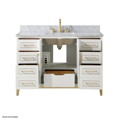 Bemma Design Gracie 48" Satin White Solid Wood Freestanding Bathroom Vanity With Single 3-Hole Italian Carra Marble Vanity Top, Rectangle Undermount Sink, Backsplash and Satin Brass Trim