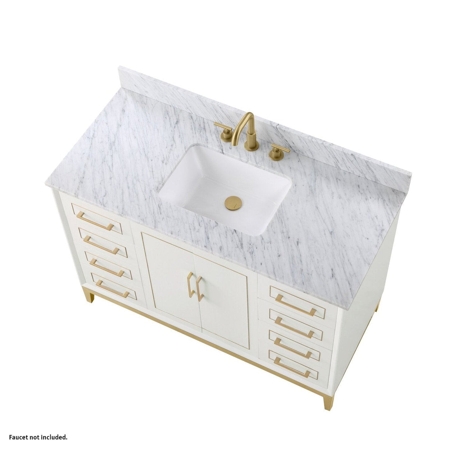 Bemma Design Gracie 48" Satin White Solid Wood Freestanding Bathroom Vanity With Single 3-Hole Italian Carra Marble Vanity Top, Rectangle Undermount Sink, Backsplash and Satin Brass Trim