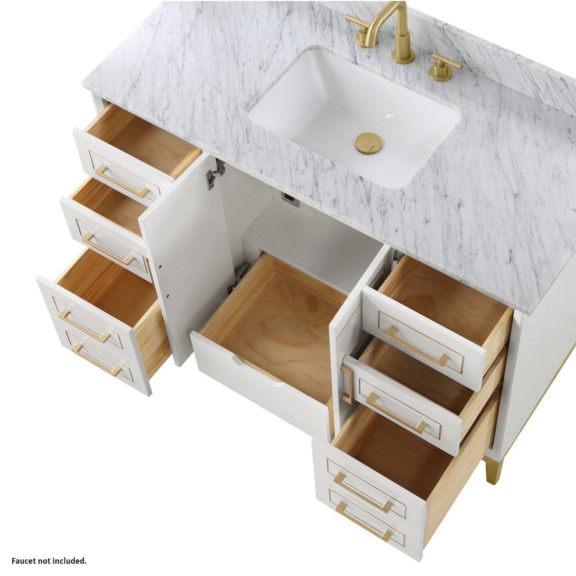 Bemma Design Gracie 48" Satin White Solid Wood Freestanding Bathroom Vanity With Single 3-Hole Italian Carra Marble Vanity Top, Rectangle Undermount Sink, Backsplash and Satin Brass Trim