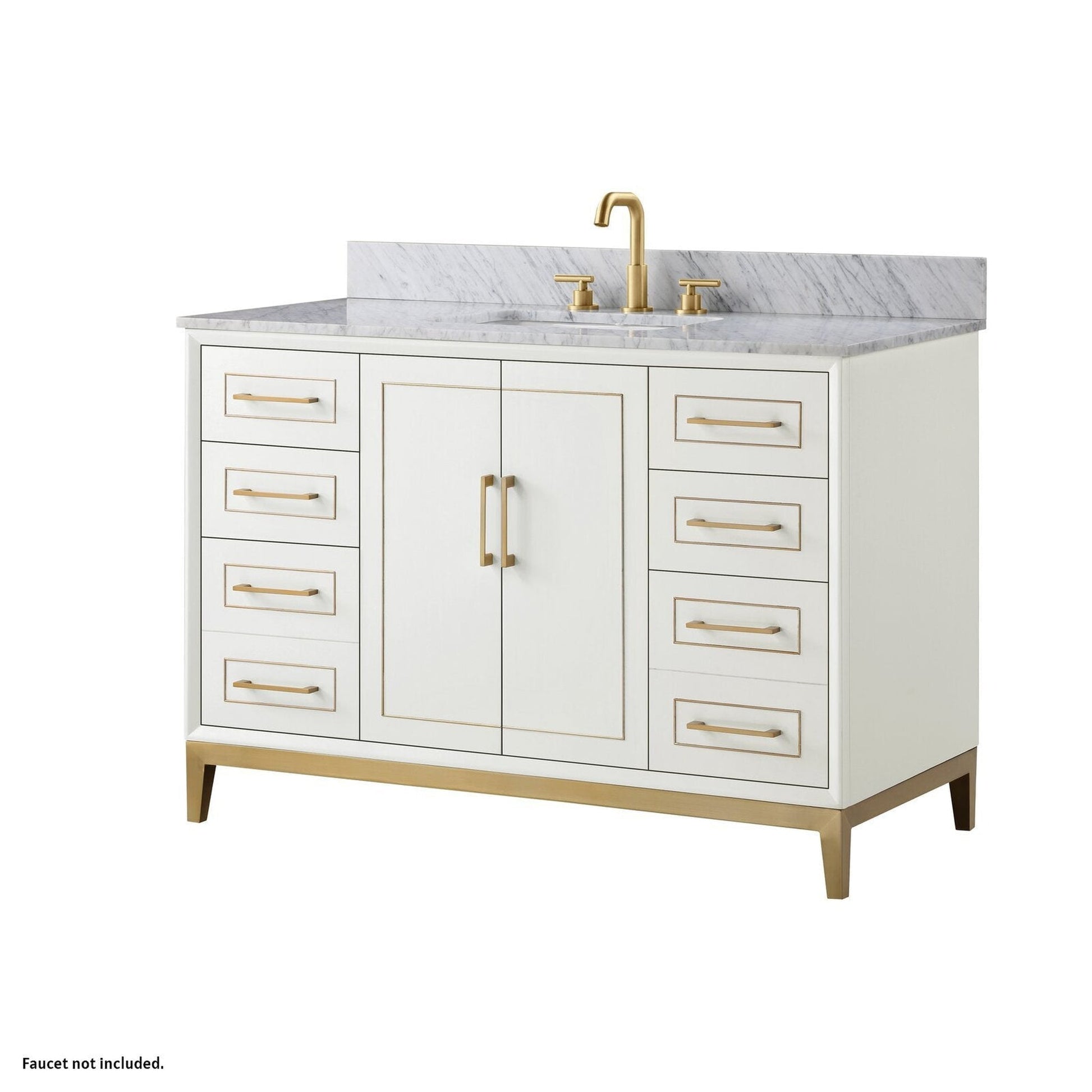 Bemma Design Gracie 48" Satin White Solid Wood Freestanding Bathroom Vanity With Single 3-Hole Italian Carra Marble Vanity Top, Rectangle Undermount Sink, Backsplash and Satin Brass Trim