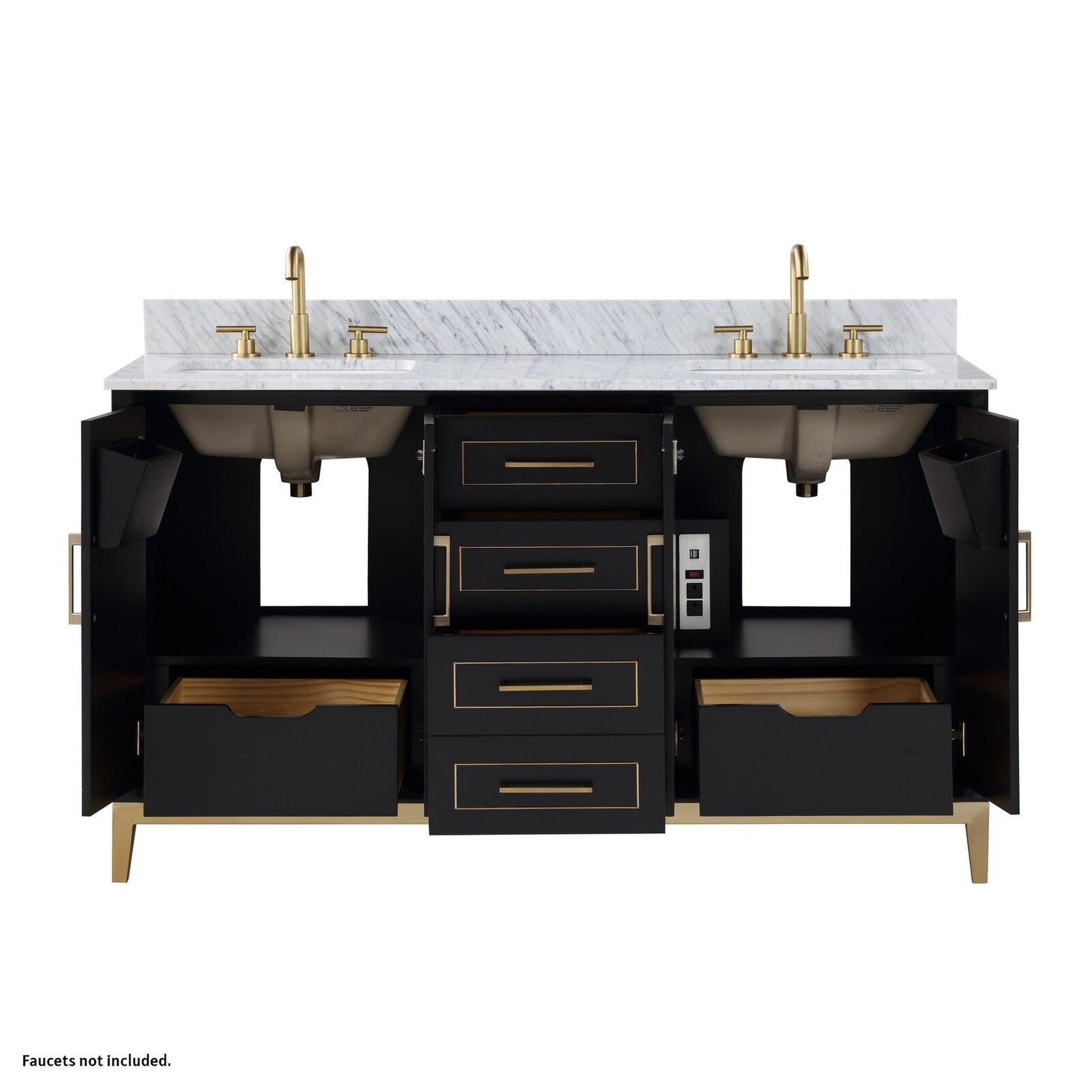 Bemma Design Gracie 60" Midnight Black Solid Wood Freestanding Bathroom Vanity With Double 3-Hole Italian Carra Marble Vanity Top, Rectangle Undermount Sink, Backsplash and Satin Brass Trim