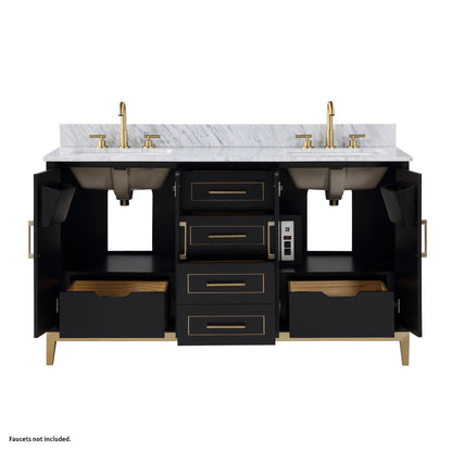 Bemma Design Gracie 60" Midnight Black Solid Wood Freestanding Bathroom Vanity With Double 3-Hole Italian Carra Marble Vanity Top, Rectangle Undermount Sink, Backsplash and Satin Brass Trim