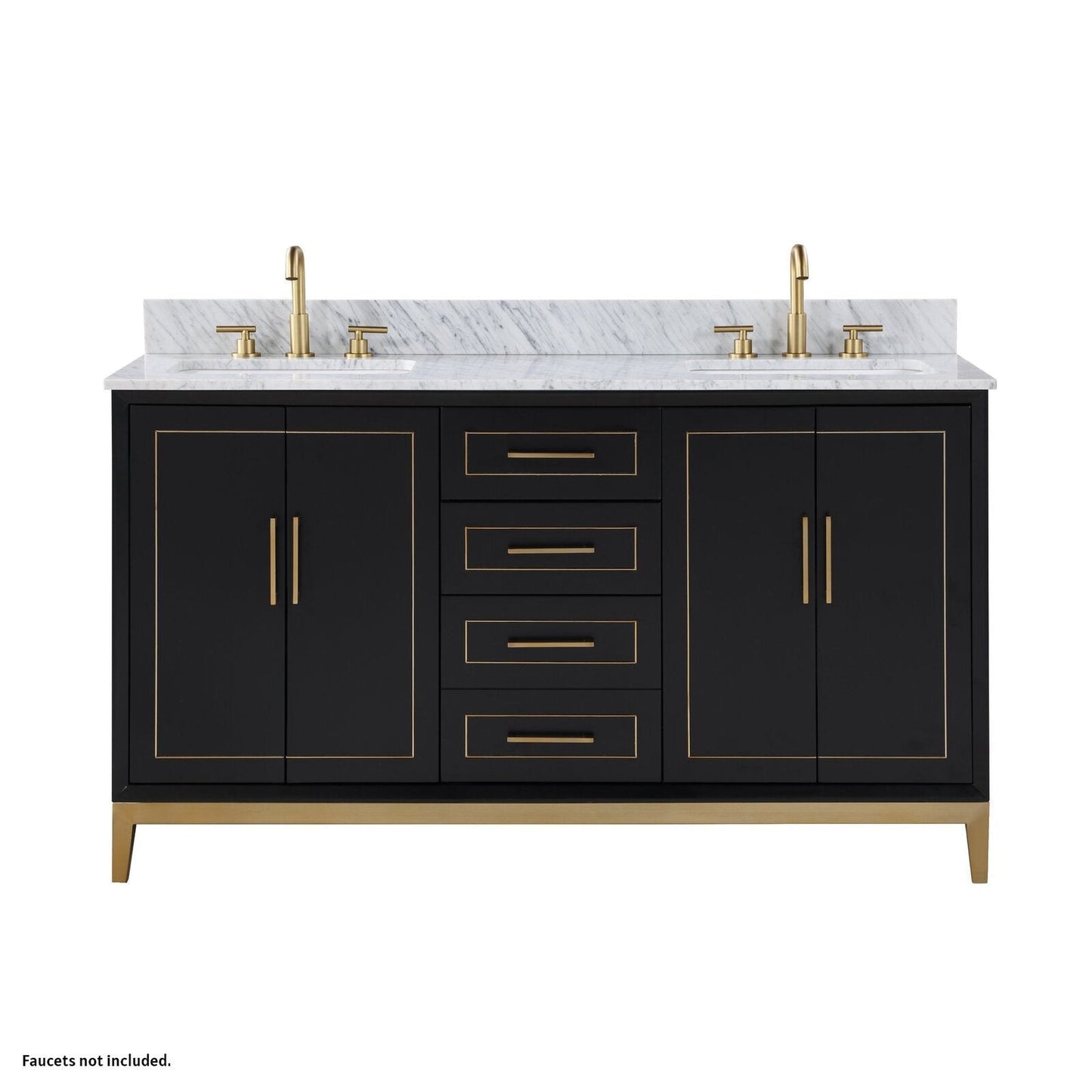 Bemma Design Gracie 60" Midnight Black Solid Wood Freestanding Bathroom Vanity With Double 3-Hole Italian Carra Marble Vanity Top, Rectangle Undermount Sink, Backsplash and Satin Brass Trim