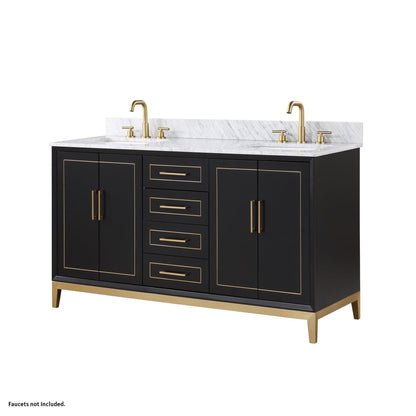 Bemma Design Gracie 60" Midnight Black Solid Wood Freestanding Bathroom Vanity With Double 3-Hole Italian Carra Marble Vanity Top, Rectangle Undermount Sink, Backsplash and Satin Brass Trim