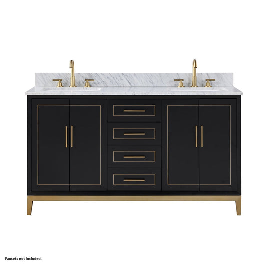 Bemma Design Gracie 60" Midnight Black Solid Wood Freestanding Bathroom Vanity With Double 3-Hole Italian Carra Marble Vanity Top, Rectangle Undermount Sink, Backsplash and Satin Brass Trim