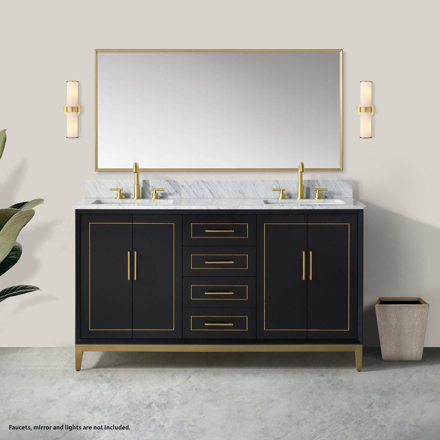 Bemma Design Gracie 60" Midnight Black Solid Wood Freestanding Bathroom Vanity With Double 3-Hole Italian Carra Marble Vanity Top, Rectangle Undermount Sink, Backsplash and Satin Brass Trim