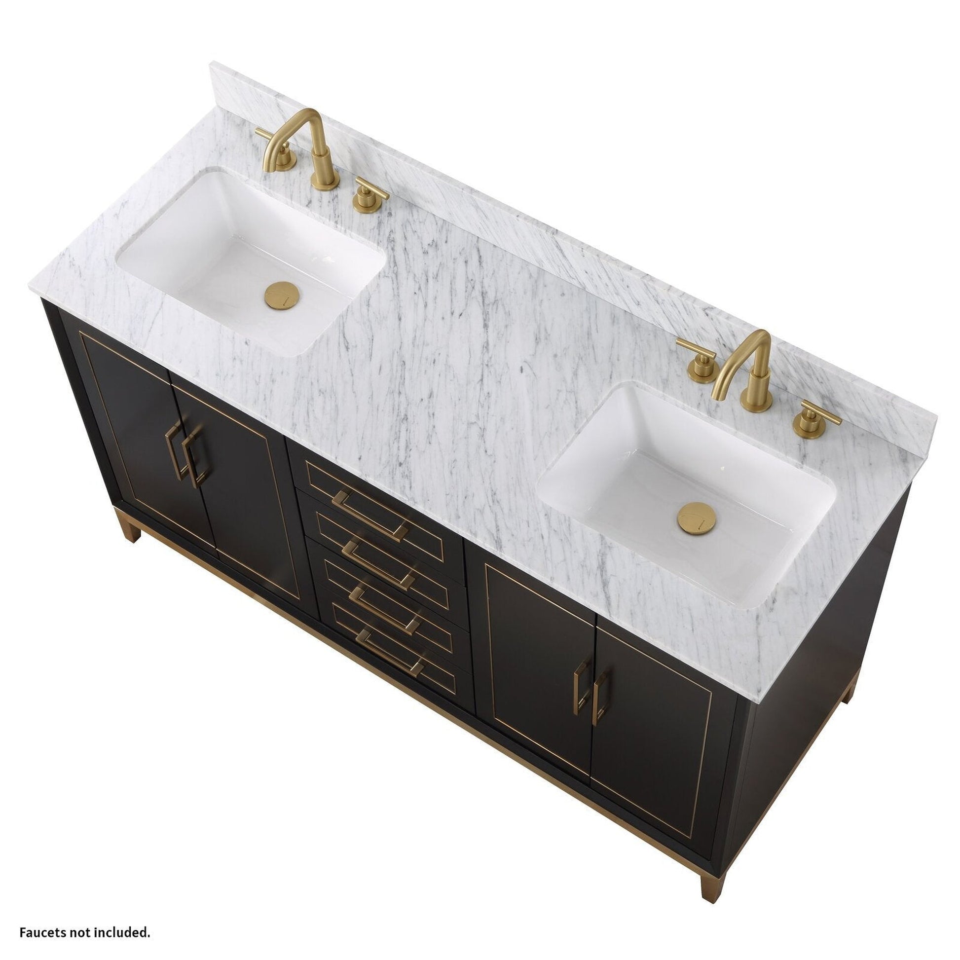 Bemma Design Gracie 60" Midnight Black Solid Wood Freestanding Bathroom Vanity With Double 3-Hole Italian Carra Marble Vanity Top, Rectangle Undermount Sink, Backsplash and Satin Brass Trim