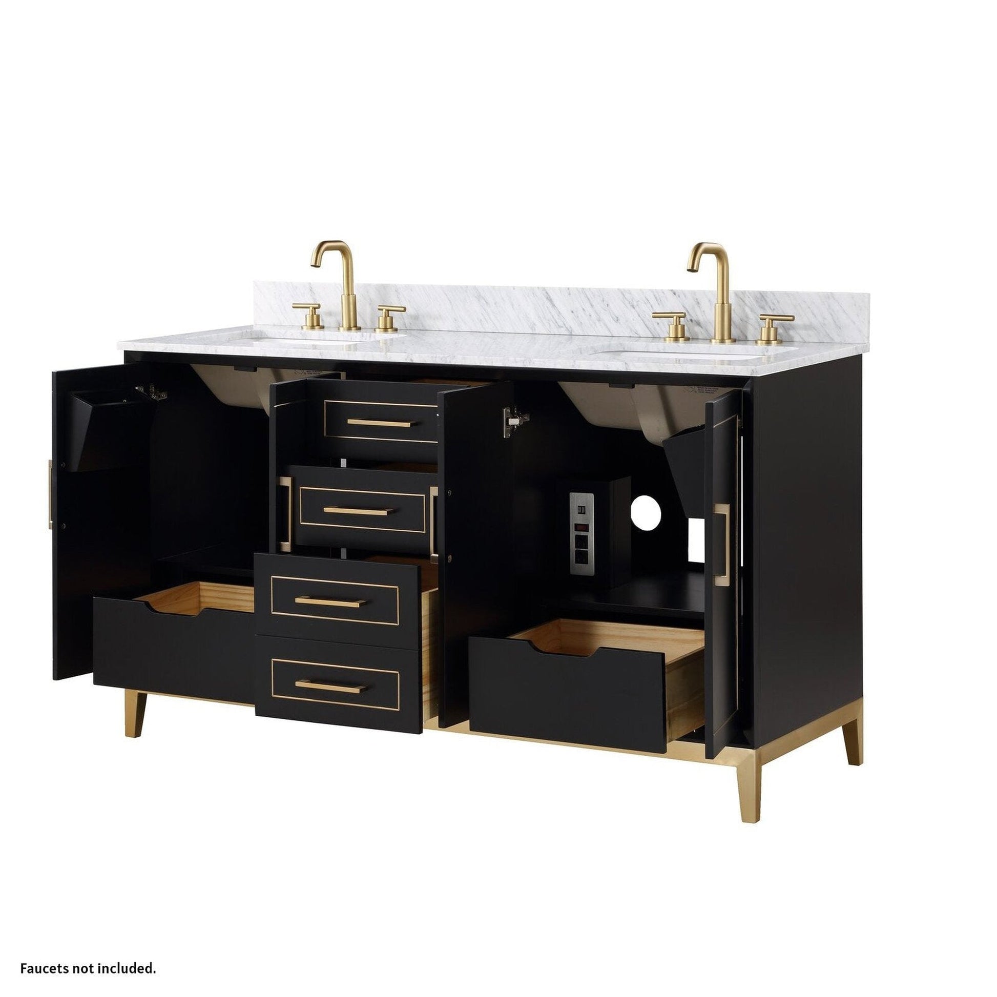 Bemma Design Gracie 60" Midnight Black Solid Wood Freestanding Bathroom Vanity With Double 3-Hole Italian Carra Marble Vanity Top, Rectangle Undermount Sink, Backsplash and Satin Brass Trim