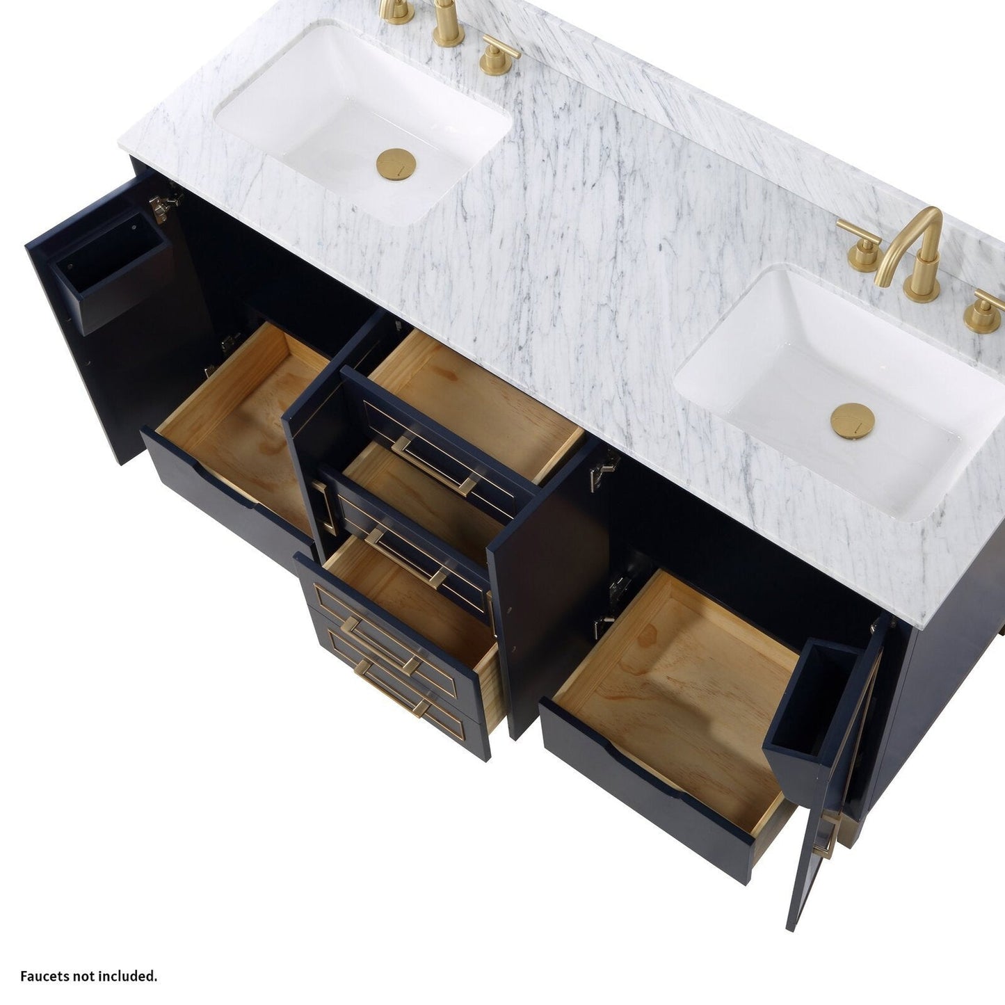 Bemma Design Gracie 60" Pacific Blue Solid Wood Freestanding Bathroom Vanity With Double 3-Hole Italian Carra Marble Vanity Top, Rectangle Undermount Sink, Backsplash and Satin Brass Trim