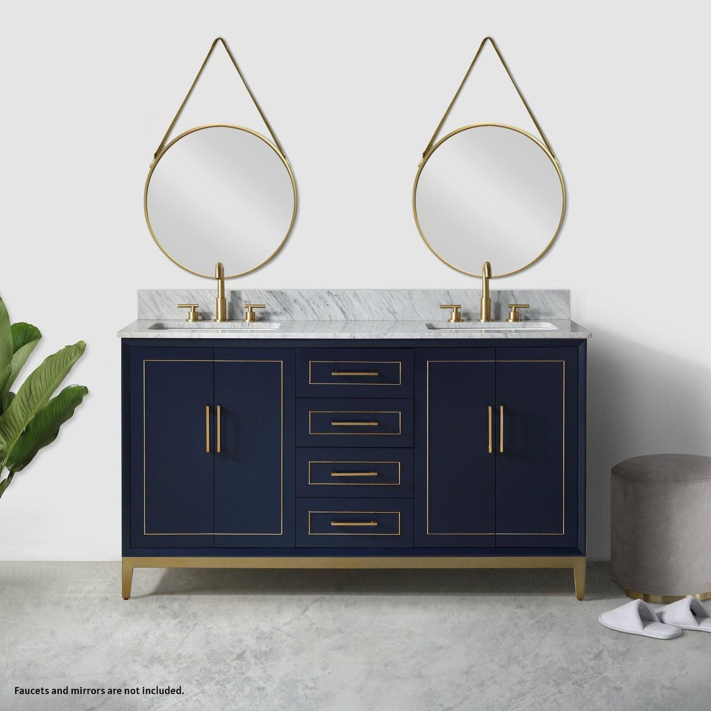Bemma Design Gracie 60" Pacific Blue Solid Wood Freestanding Bathroom Vanity With Double 3-Hole Italian Carra Marble Vanity Top, Rectangle Undermount Sink, Backsplash and Satin Brass Trim