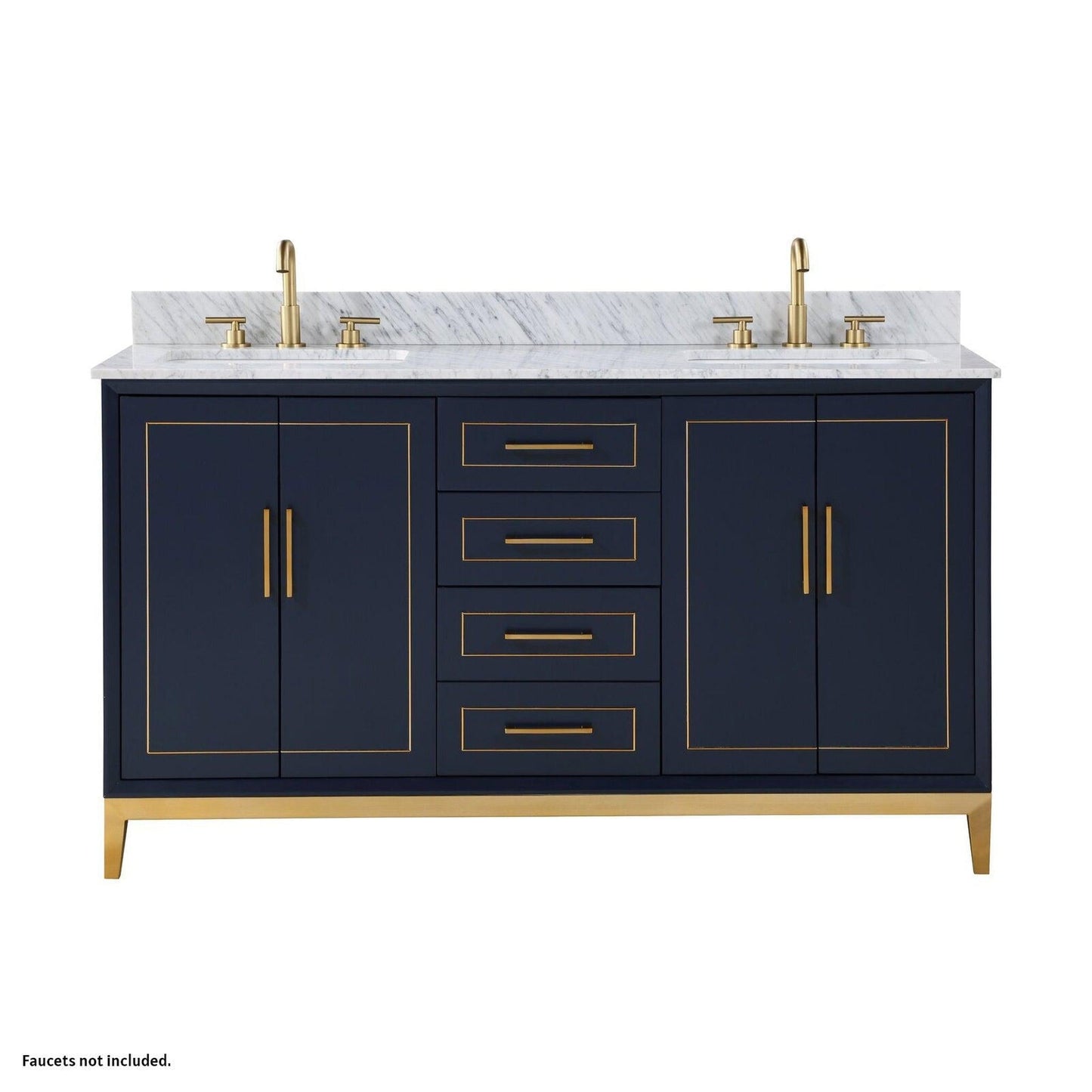 Bemma Design Gracie 60" Pacific Blue Solid Wood Freestanding Bathroom Vanity With Double 3-Hole Italian Carra Marble Vanity Top, Rectangle Undermount Sink, Backsplash and Satin Brass Trim