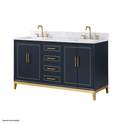 Bemma Design Gracie 60" Pacific Blue Solid Wood Freestanding Bathroom Vanity With Double 3-Hole Italian Carra Marble Vanity Top, Rectangle Undermount Sink, Backsplash and Satin Brass Trim