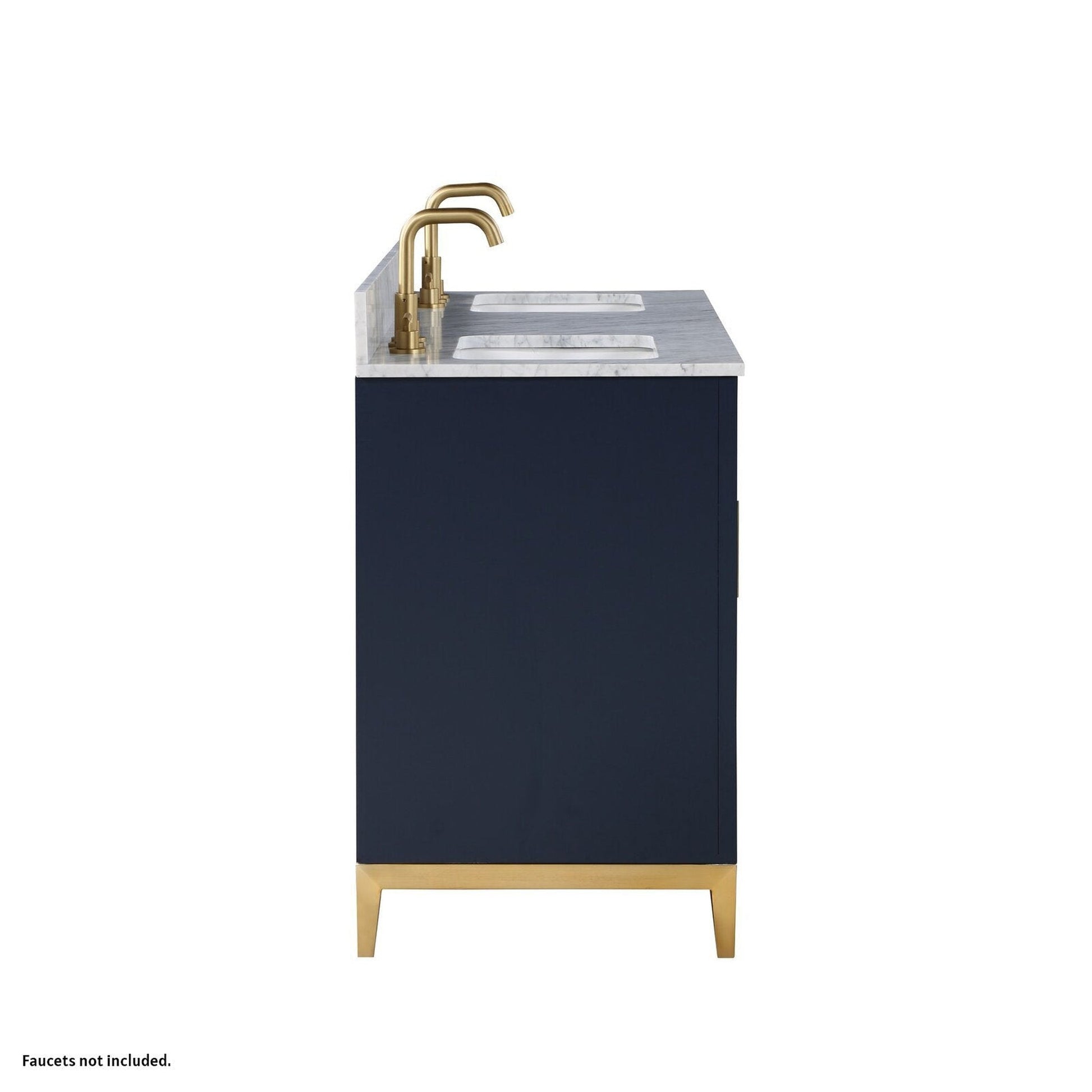 Bemma Design Gracie 60" Pacific Blue Solid Wood Freestanding Bathroom Vanity With Double 3-Hole Italian Carra Marble Vanity Top, Rectangle Undermount Sink, Backsplash and Satin Brass Trim