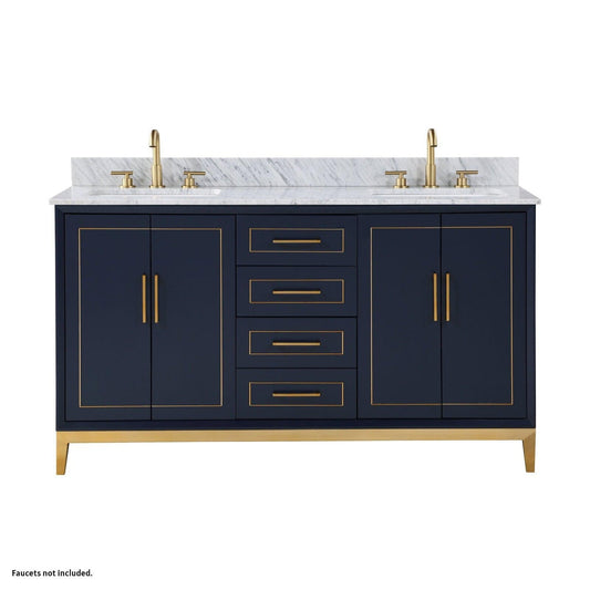 Bemma Design Gracie 60" Pacific Blue Solid Wood Freestanding Bathroom Vanity With Double 3-Hole Italian Carra Marble Vanity Top, Rectangle Undermount Sink, Backsplash and Satin Brass Trim