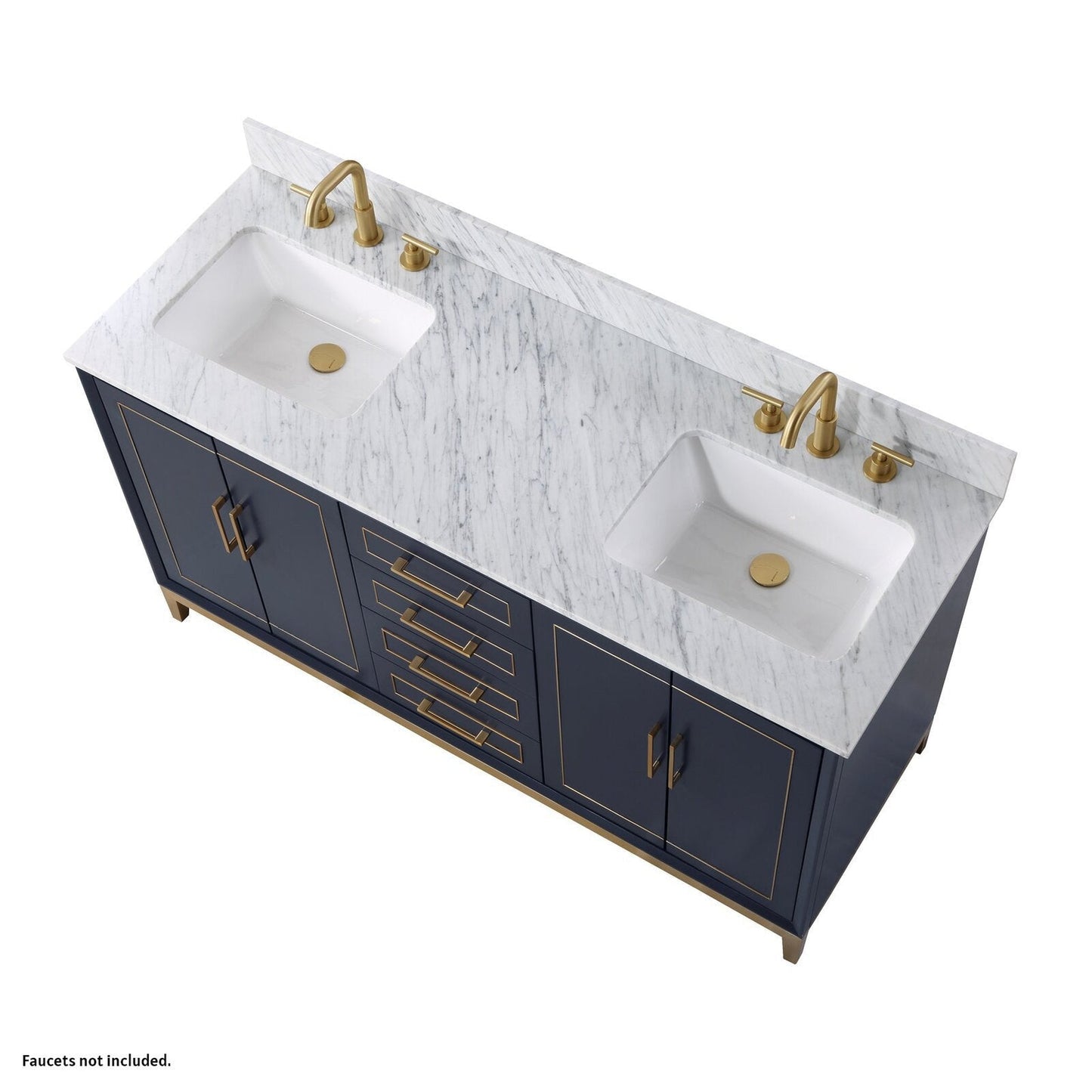 Bemma Design Gracie 60" Pacific Blue Solid Wood Freestanding Bathroom Vanity With Double 3-Hole Italian Carra Marble Vanity Top, Rectangle Undermount Sink, Backsplash and Satin Brass Trim