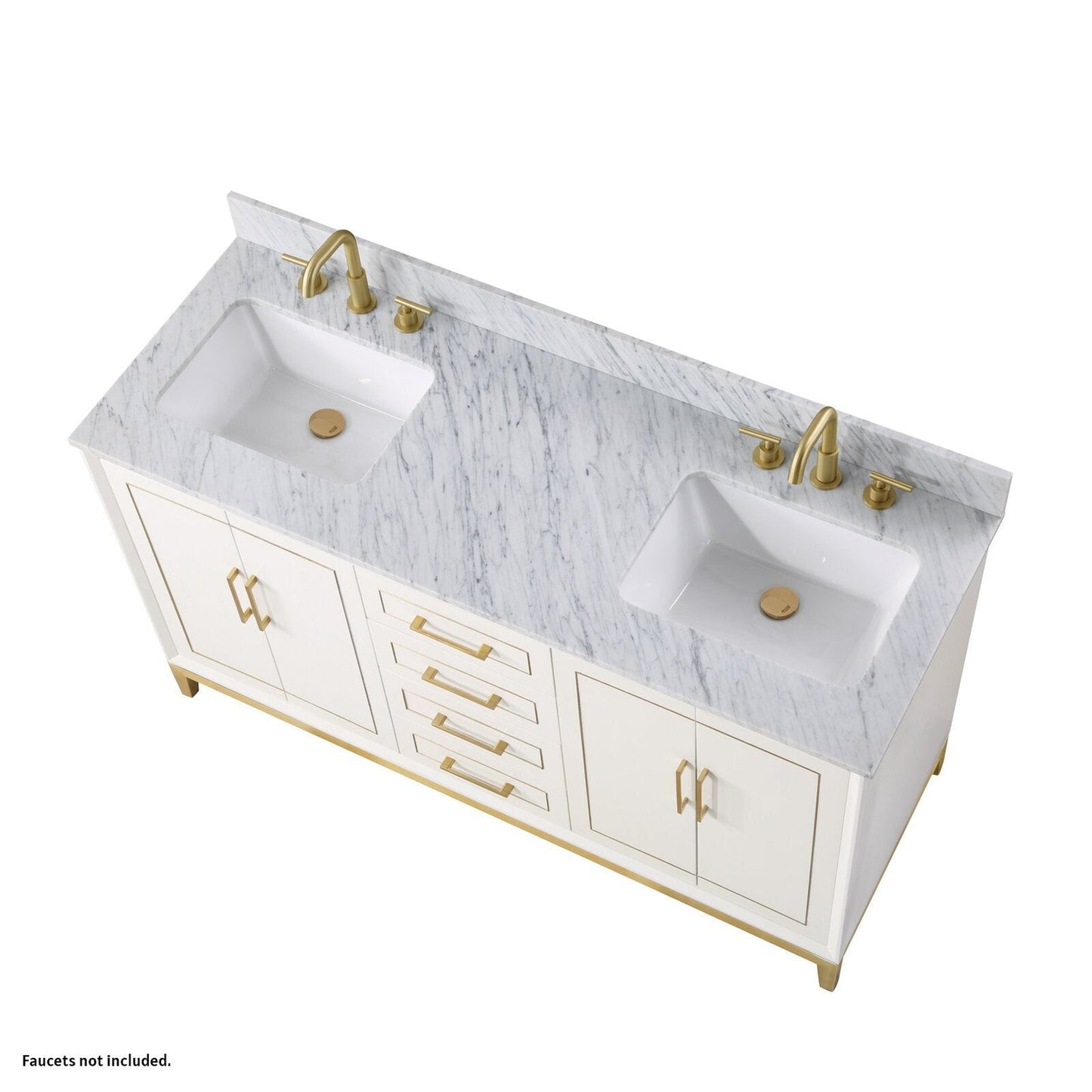 Bemma Design Gracie 60" Satin White Solid Wood Freestanding Bathroom Vanity With Double 3-Hole Italian Carra Marble Vanity Top, Rectangle Undermount Sink, Backsplash and Satin Brass Trim