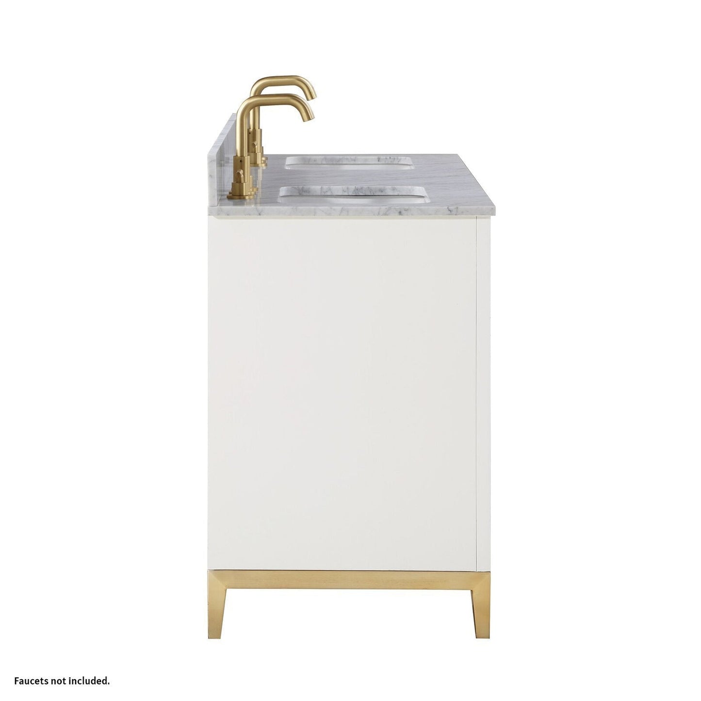 Bemma Design Gracie 60" Satin White Solid Wood Freestanding Bathroom Vanity With Double 3-Hole Italian Carra Marble Vanity Top, Rectangle Undermount Sink, Backsplash and Satin Brass Trim