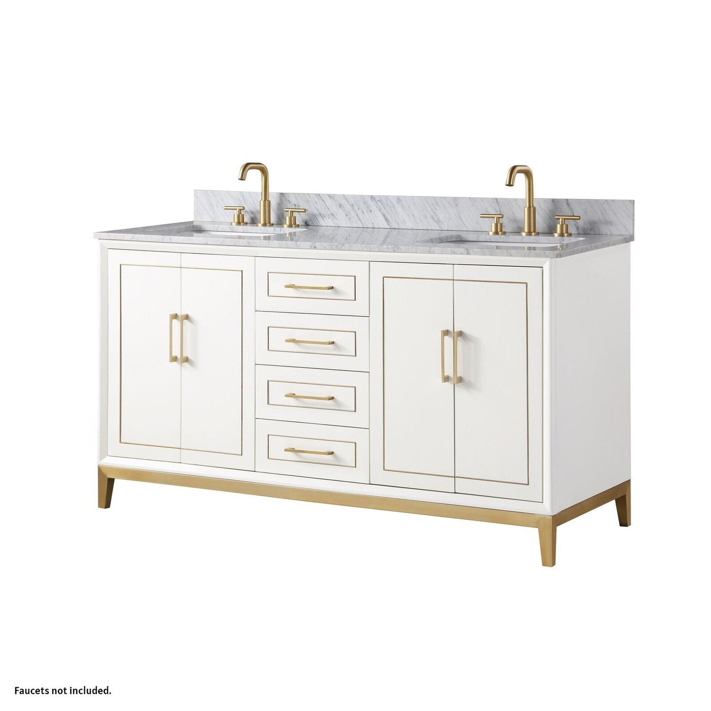 Bemma Design Gracie 60" Satin White Solid Wood Freestanding Bathroom Vanity With Double 3-Hole Italian Carra Marble Vanity Top, Rectangle Undermount Sink, Backsplash and Satin Brass Trim