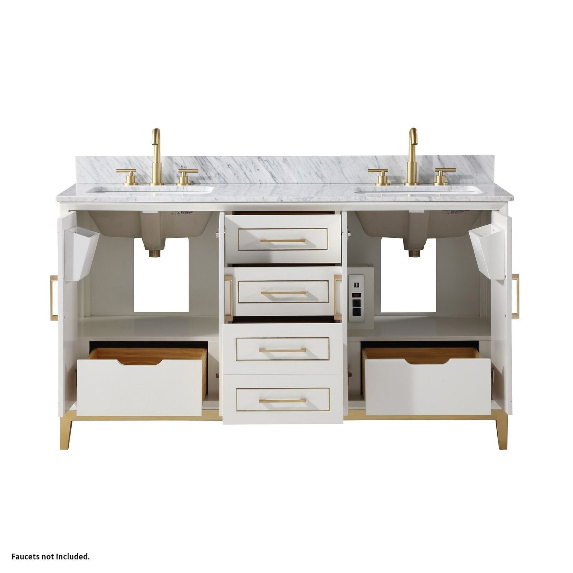 Bemma Design Gracie 60" Satin White Solid Wood Freestanding Bathroom Vanity With Double 3-Hole Italian Carra Marble Vanity Top, Rectangle Undermount Sink, Backsplash and Satin Brass Trim