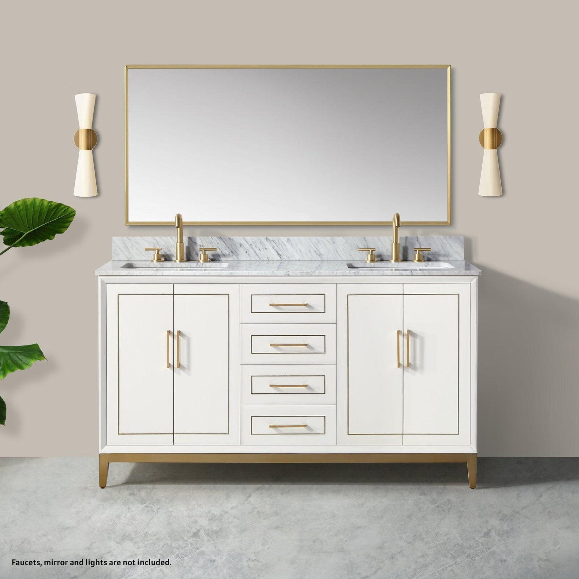 Bemma Design Gracie 60" Satin White Solid Wood Freestanding Bathroom Vanity With Double 3-Hole Italian Carra Marble Vanity Top, Rectangle Undermount Sink, Backsplash and Satin Brass Trim