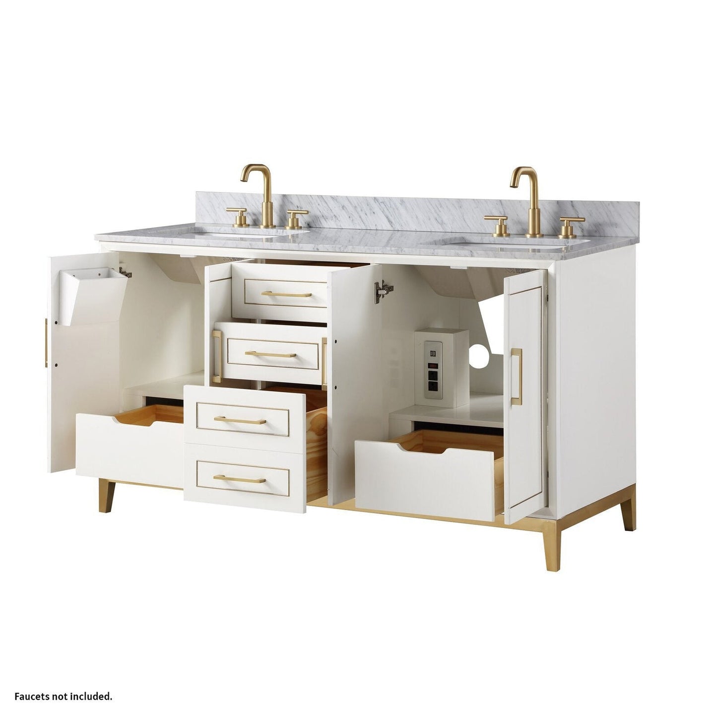 Bemma Design Gracie 60" Satin White Solid Wood Freestanding Bathroom Vanity With Double 3-Hole Italian Carra Marble Vanity Top, Rectangle Undermount Sink, Backsplash and Satin Brass Trim