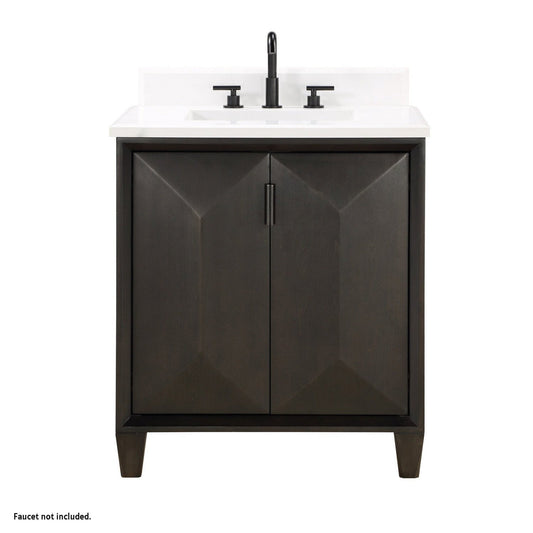 Bemma Design Zanzi 30" Gray Lacquer Solid Wood Freestanding Bathroom Vanity With Single 3-Hole Single 3-Hole White Granite Vanity Top, Rectangle Undermount Sink, and Backsplash Rectangle Undermount Sink, and Backsplash